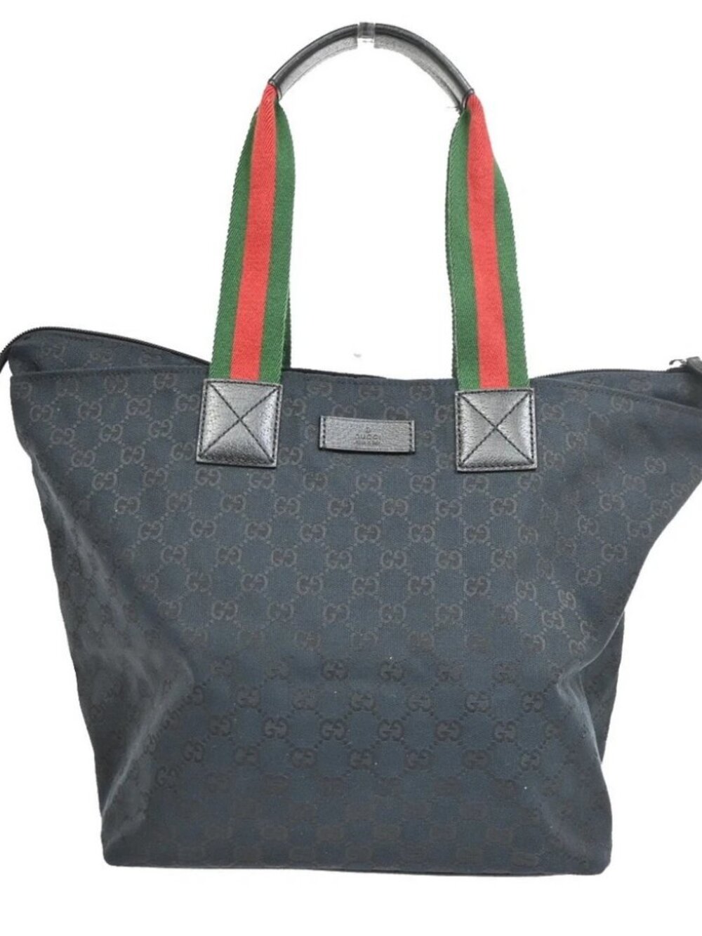 GUCCI web stripe Sherry Line Shoulder Tote Bag Leather Canvas Black SHW 77TA688